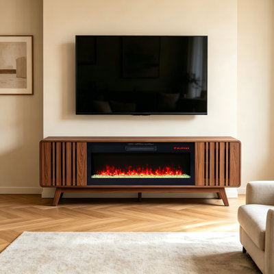 Meuble télé moderne de 78 pouces avec foyer électrique intégré, commandes tactiles et télécommande, compatible avec les téléviseurs de 85 pouces, chauffage de 1400 W et flammes à 16 couleurs.