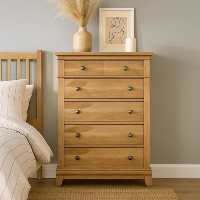 Lexa Tall Dresser Chest, 5 Drawers, Natural Oak Brown, Pewter Metal