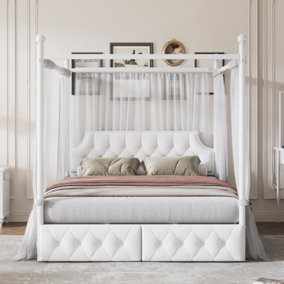 Queen Size Metal Canopy Platform Bed, Modern Upholstered Headboard Bed Frame with 2 Storage Drawers, Sturdy Bedroom Furniture