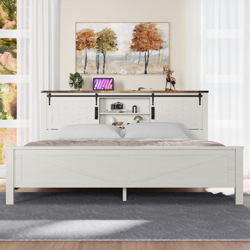 Farmhouse Bed Frame With Charging Station And Storage Cabinets, White, King