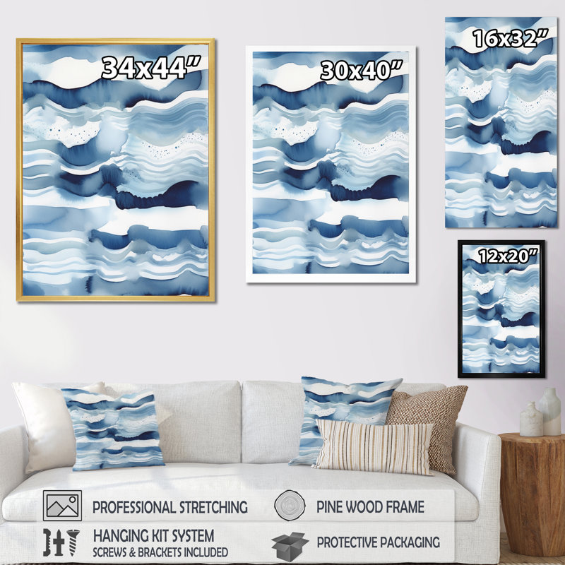 Abstrait classique vagues bleues IV, Cadre flottant doré, H 20 po x l 12 po x P 1 po