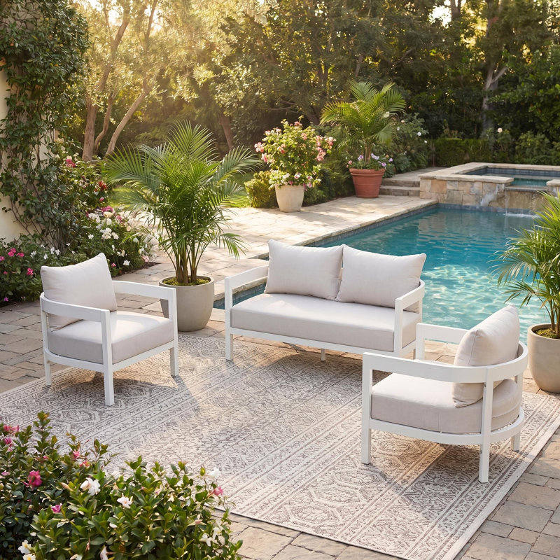 Contour Outdoor 4-Person Aluminum Conversation Set With Curved Backrest & Water-Repellent Cushions, 3 PCs: 2 Chairs, Loveseat