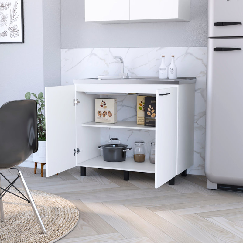 2 éviers utilitaires et une armoire en blanc élégant avec une solution de cuisine pratique, Argent argent