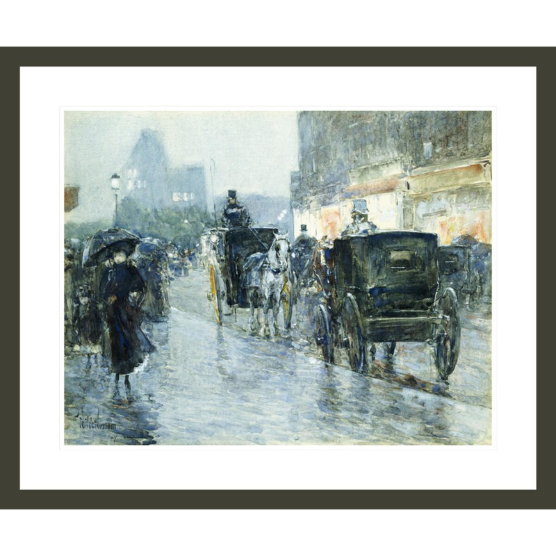 «Horse Drawn Cabs at Evening New York» par Childe Hassam - impression giclée encadrée, H 23,5 po x l 28,27 po