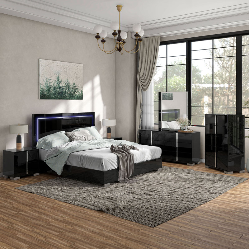 Ensemble de chambre Duckworth, Black, Très grand, 6 Pcs: Bed, 2 Nightstands, 2 Dressers, Mirror