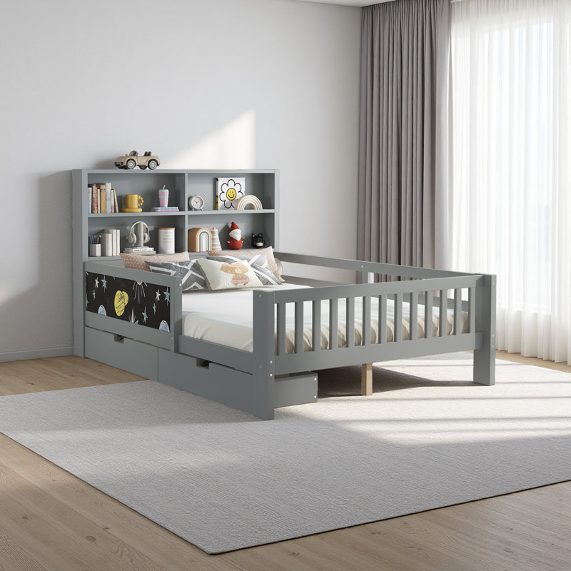 Lit plateforme en bois massif avec tiroirs et tablettes de rangement, amusant et peu encombrant, Lit double, Espresso