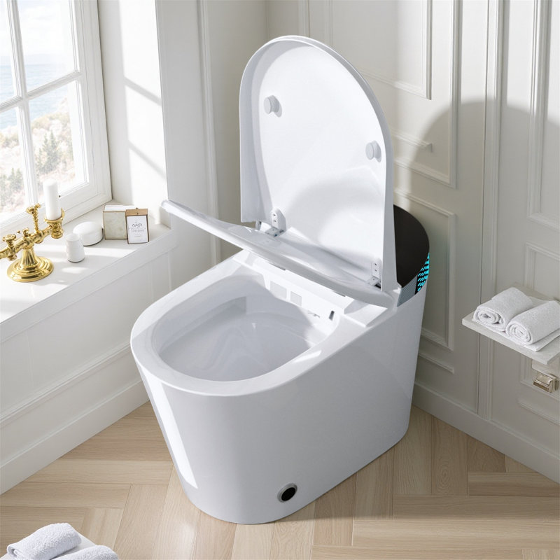 Toilette intelligente une pièce sans réservoir avec bidet intégré avec capteur de coup de pied de pied, couvercle à ouverture / fermeture automatique, séchoir à air chaud, veilleuse, chasse d'eau en cas de panne de courant, noir