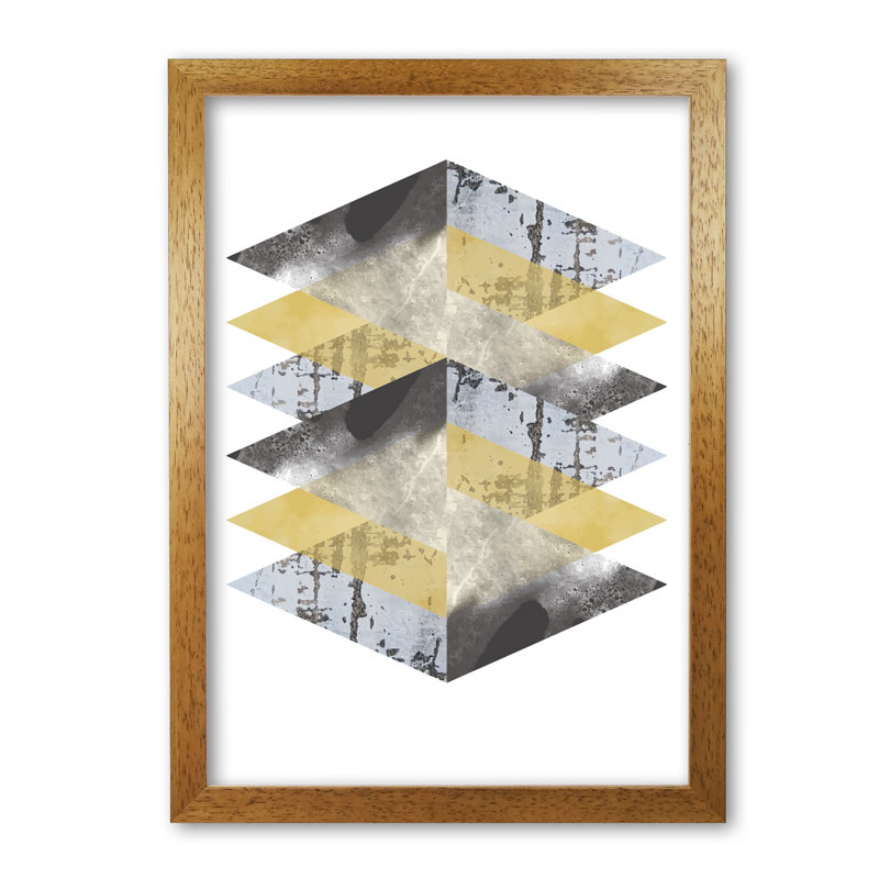 Scuff, Yellow And Grey Abstract Triangles - Print, 85 cm H x 60 cm W x 5 cm D, Honey Oak Frame