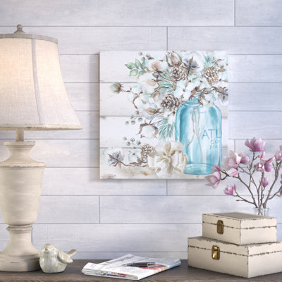 Cotton Boll And Pine Cones In A Mason Jar II - Wrapped Canvas Painting