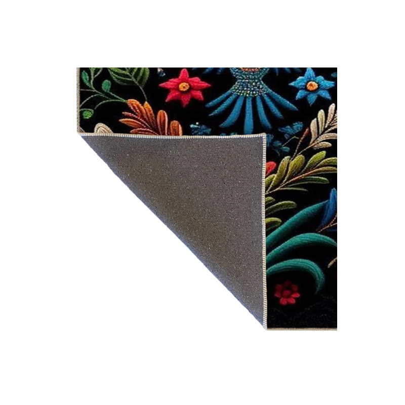 Black Themed Multicolored Flower And Bird Patterned Modern Decorative Carpet, Rectangle 4'8" x 6'7"