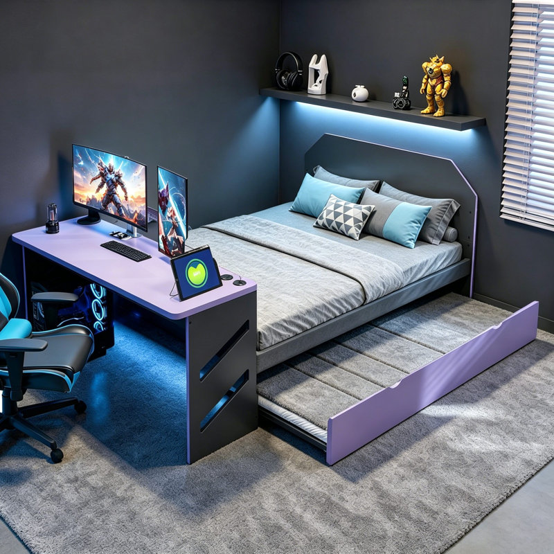 Lit de jour moderne avec bureau, ports USB et couchette, Noir/bleu nuage