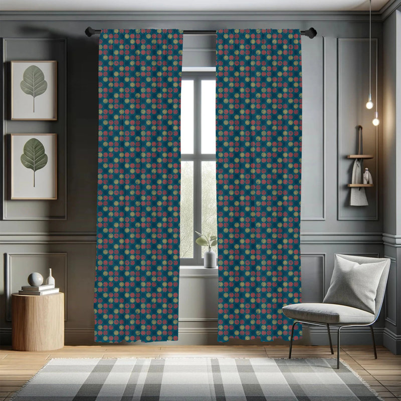 Blue Geometric Polyester Room Darkening Curtain Panels