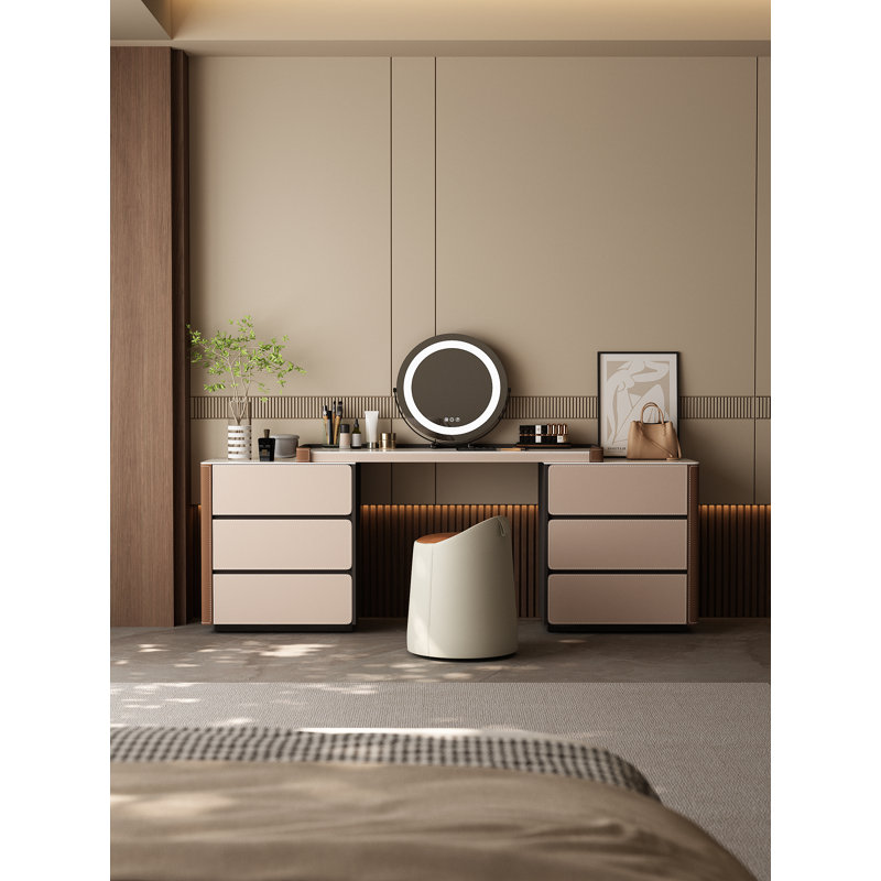 Versatile Saddle Leather & Slate Top Dressing Table with Adjustable LED Mirror - Extendable, Left/Right or L-Shaped Installation