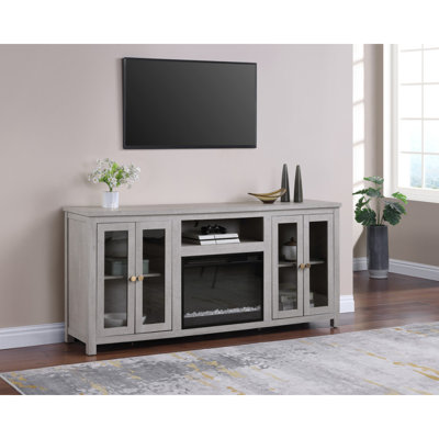 Emerson 70"W Light Gray Finish Fireplace TV Stand Console With Heater, LED Light, Cabinets, Shelves