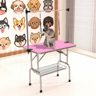 36" Folding Dog Pet Grooming Table Stainless Steel Frame Rubber Mat On Board With Adjustable Arm And Clamps Pet Dog Cat Grooming Table