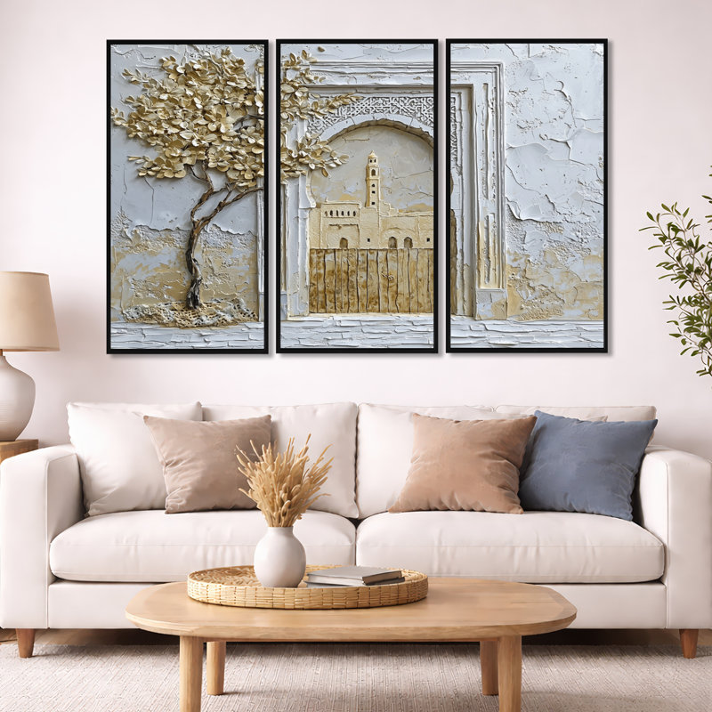 Maroc, médina d'or de Fès - ensemble d'art mural Maroc, H 40 po x l 60 po x P 1 po, Toile avec cadre flottant noir