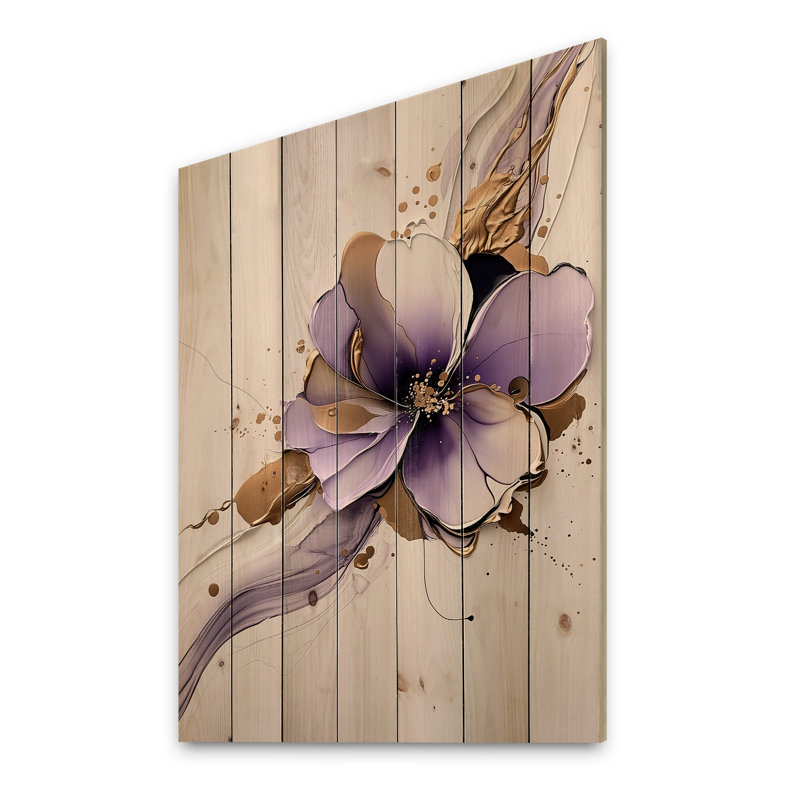 Pivoine mauve liquide avec piscine - décoration murale moderne sur bois de pin naturel, H 32 po x l 24 po x P 0,78 po