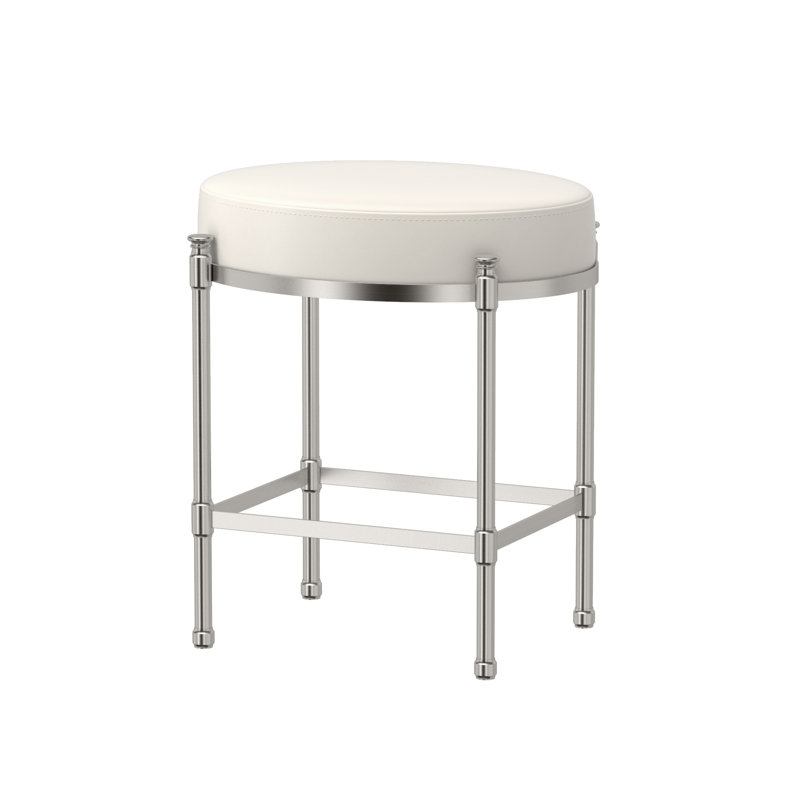 19.50"H Oval Vanity Stool with Leather Cushion | Oval Ottoman with 3" Leather Cushion, Satin Nickel, Ivory