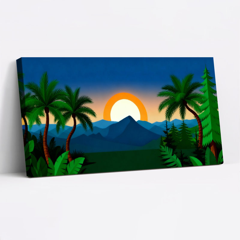 Ensemble de 1 tableau sur toile tendue représentant un paysage tropical au coucher du soleil, H 12 po x l 36 po