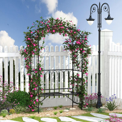 Banc de jardin en métal à treillis pour plantes grimpantes - Raisins, vignes, capacité de charge de 484 lb, arche de finition noire avec charge décorative,
