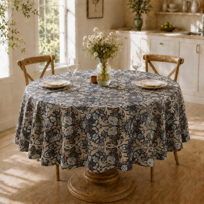Nappe ronde en lin texturé 84 po, 84R, Blue Chrysanthemum