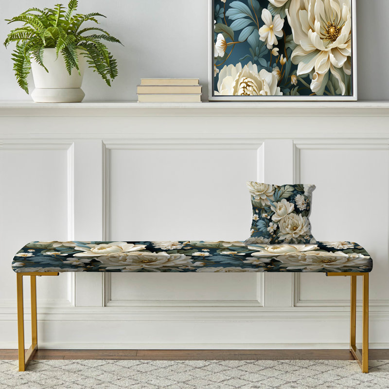 Beige And Green Natural Damask Serenity - Floral Upholstered Gold Bench