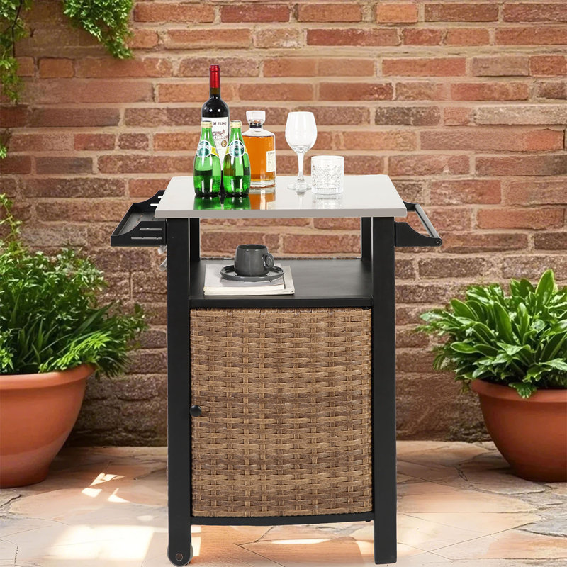 Single Door Rolling Wicker Bar Cart With Stainless Steel Top And Storage
