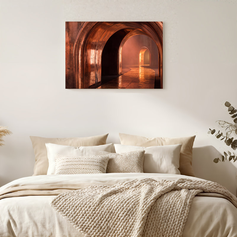 Toile incurvée avec arches de cuivre dans une atmosphère orange brumeuse, 36"H x 48"W