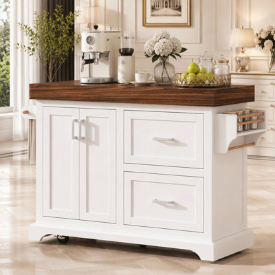 Grand îlot de cuisine de 53 po avec bureau de 3,5 po d'épaisseur, supports à épices et à serviettes, îlot de cuisine roulant avec rangement sur 5 roulettes, 2 très grands tiroirs, pour la maison, la cuisine, la salle à manger, blanc
