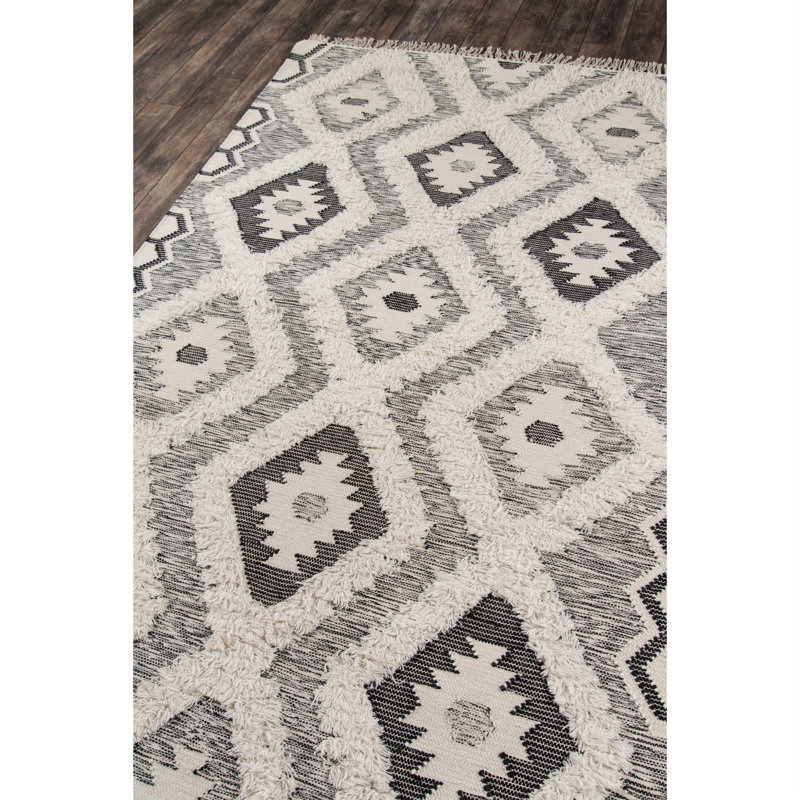 Handmade Blue Geometric Wool 5' x 7' Rectangular Rug