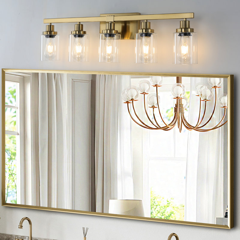 Clear Glass Shaded Golden 5- Vanity , Modern Iron Metal Bathroom Wall Sconce For Mirror, Perfect & Dressing Table Area, E26 Bulb Acceptable  No Bulbs With Shades, Mirror Fixture, Suited Refinement,
