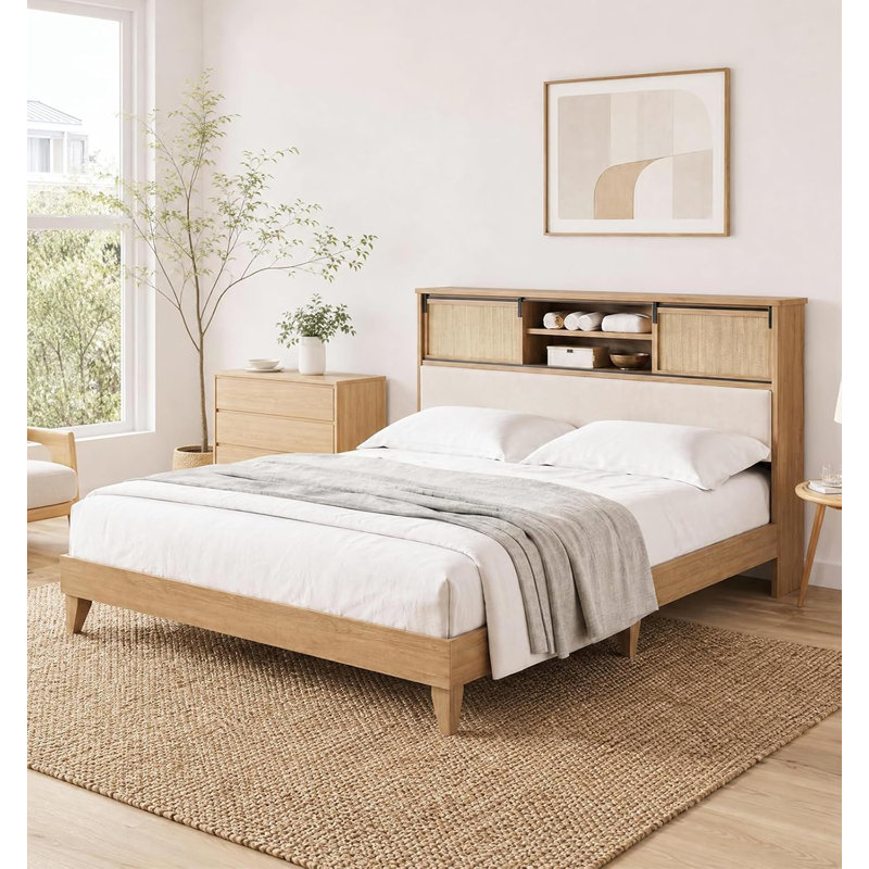 Cadre de lit Queen Size en rotin avec tête de lit de rangement, lit plateforme de style ferme avec tablette, lit en bois, silencieux, antidérapant, sans sommier, montage facile