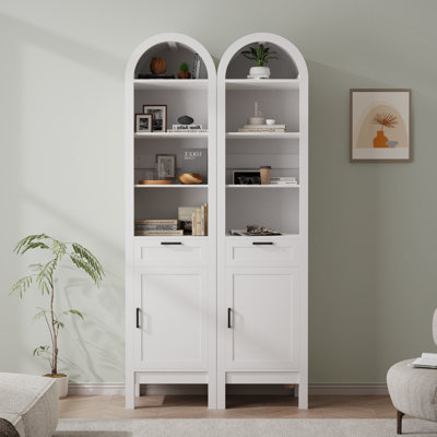70" Arched Bookcase With Drawer And Cabinet, 6-tier Tall Bookshelf With Adjustable Shelf And Open Display Storage, Modern Wood Bookcase For Living Roo