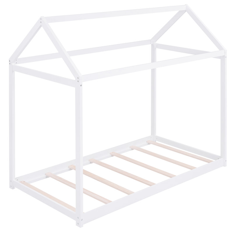 Lit simple en bois avec forme de maison, Blanc