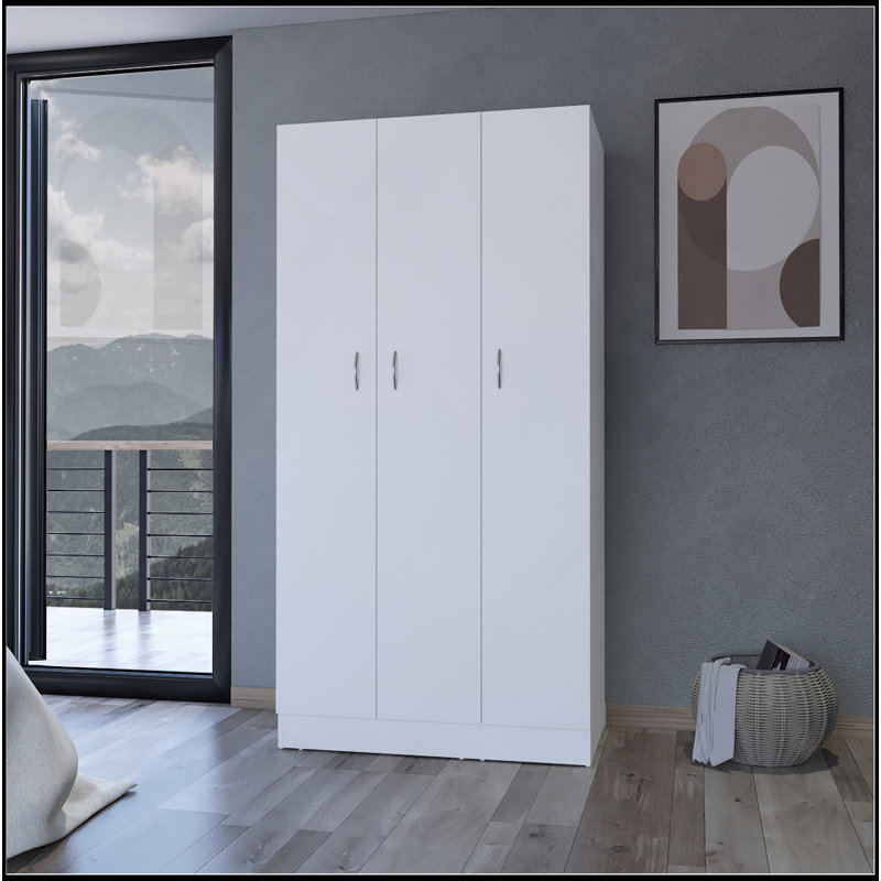 Armoire Casper avec 2 tiroirs, tringle suspendue et 3 portes, Blanc