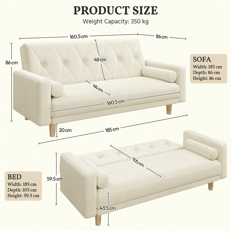 Tufted 3 Seater Sofa Bed, Beige
