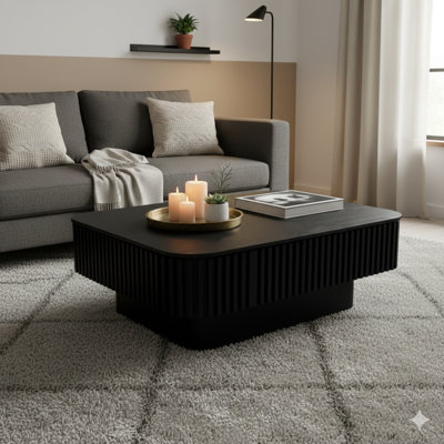 Table basse contemporaine de 38,6 po avec côtés cannelés et plateau relevable en placage de bois massif, avec rangement et hauteur réglable, table d'appoint pour salon, chambre à coucher, appartement ou bureau, finition noire