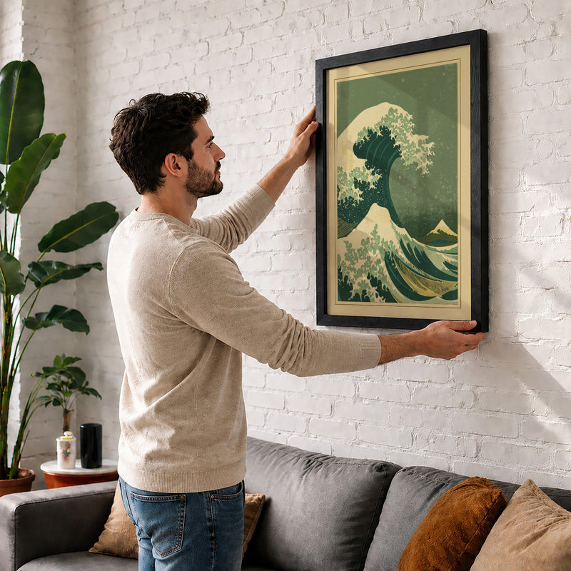 Wave Over Mountain Japandi - Framed Print, A3 - 42.0 x 29.7 cm, Walnut