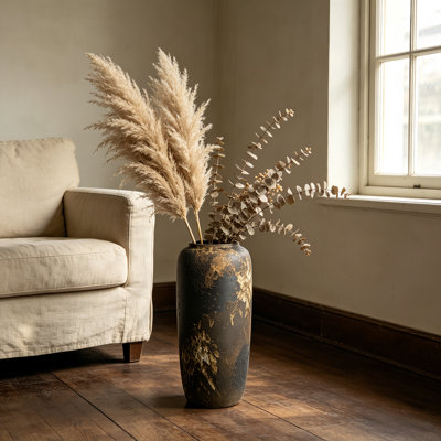 Grand vase de plancher en céramique noire, vase décoratif rétro rustique de 15,7 pouces pour l'herbe de la pampa, vase sur pied de style maison de campagne