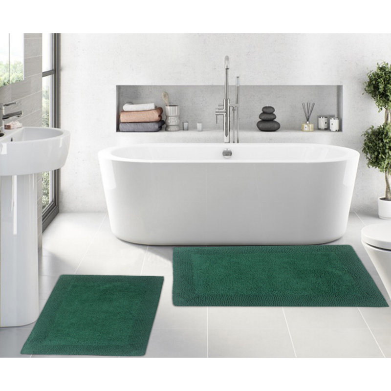 Luxury 100% Cotton Bath Rug (Set of 2) Reversible, Bottle Green, 2PC Set (24"x40", 17"x24")