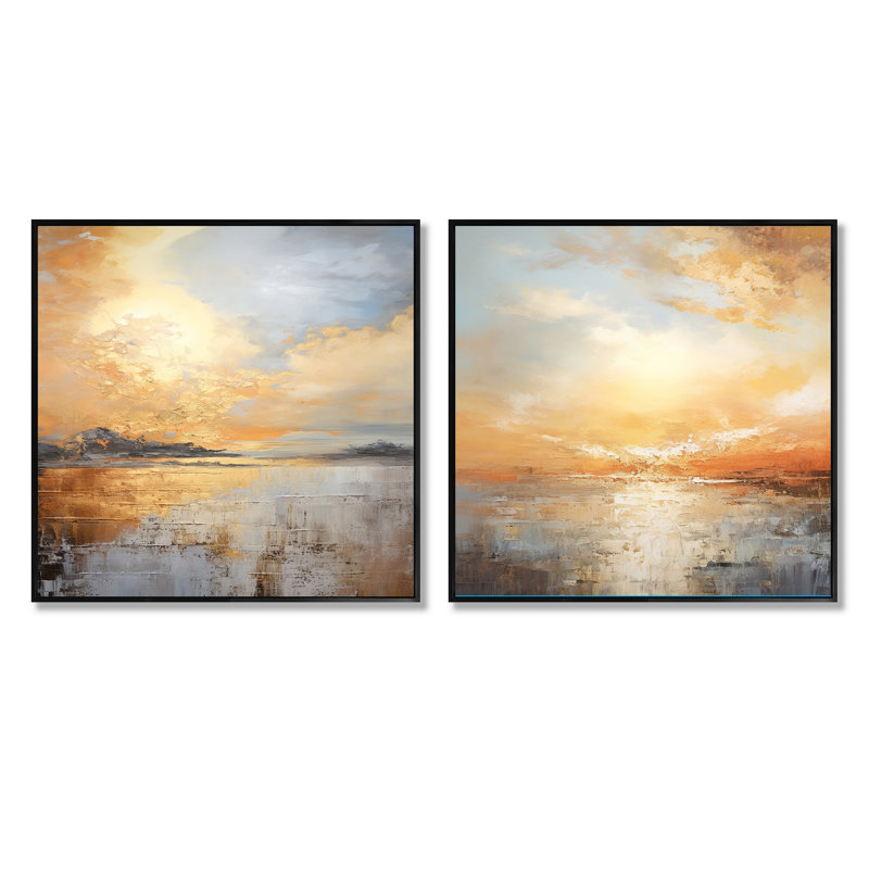 Pohl - Ensemble de 2 collages carrés côtiers Sunset, Cadre flottant noir, H 16 po x l 33 po