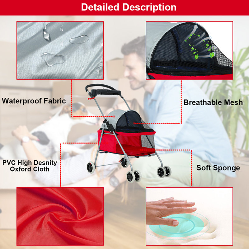 Red Aluminum 4-Wheel Folding Pet Stroller with Cup Holder