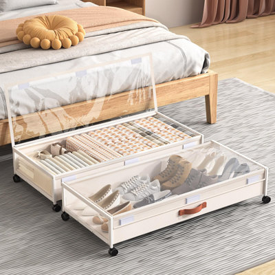 Rangement sous le lit avec roulettes, contenants de rangement sous le lit avec couvercles transparents, blanc