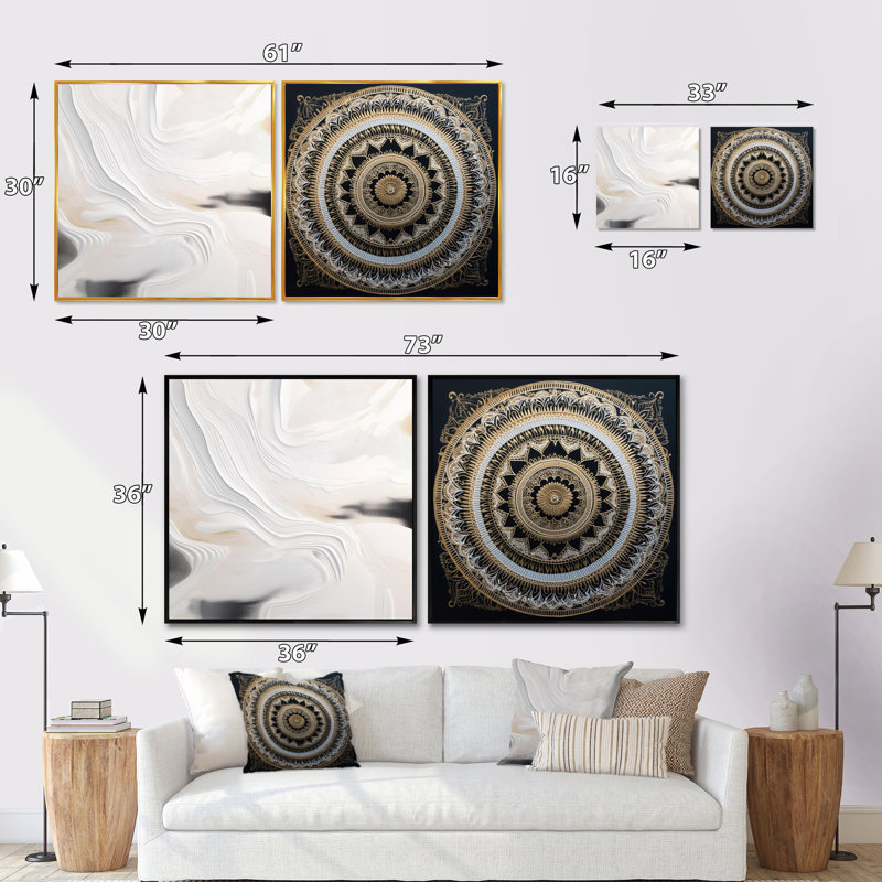 Blanc et or ondulations de pierre - ensemble de 2 collages carrés abstraits en marbre, Cadre flottant noir, H 30 po x l 61 po
