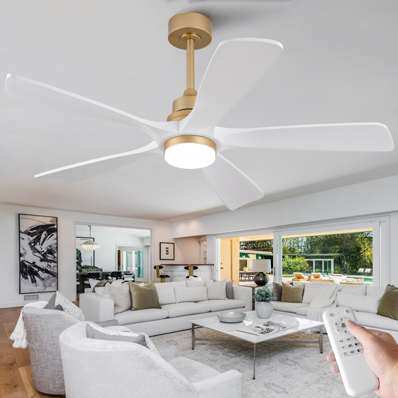 52 Inch Ceiling Fans with Lights and Remote Control, Wood Ceiling Fan for Patios Bedroom, Outdoor Gold Ceiling Fan with Lights, Noiseless DC Motor, Dimmable LED, 5 Solid Wood Blades