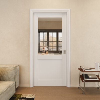 36" x 80" Half Lite Clear Glass Double Pocket Door with Silver Lock, Clear Tempered Safety Glass Door Slab, Paintable & Waterproof, Suit for Closet, Pantry Doors, Bedroom Doors