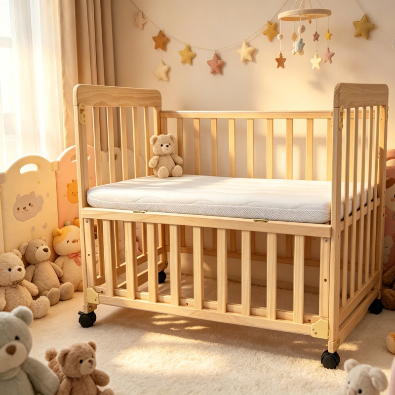 Mini lit de bébé 4 en 1 en pin de Nouvelle-Zélande avec matelas, 3 hauteurs réglables et roulettes