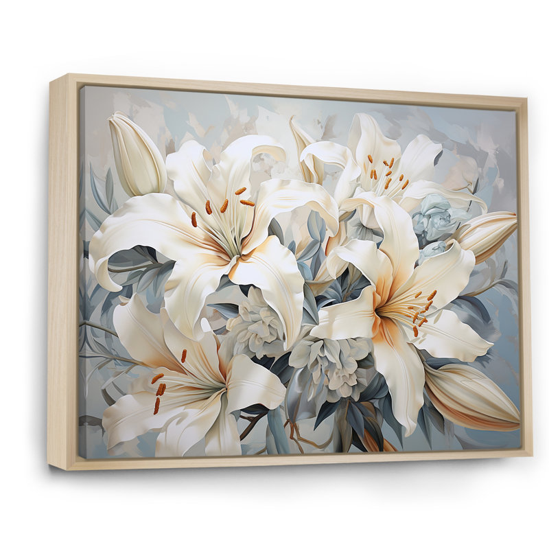 «Beige Lilies Simple Tranquility V», reproduction sur toile, Cadre naturel flottant, H 34 po x l 44 po
