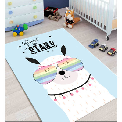 Tapis rectangulaire tissé à la machine en polyester bleu clair / blanc Tumlin