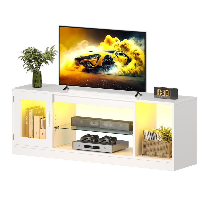 LED TV Unit for TVs up to 65 Inch, TV Cabinet , Gaming Entertainment Center with Adjustable Glass Shelf, White